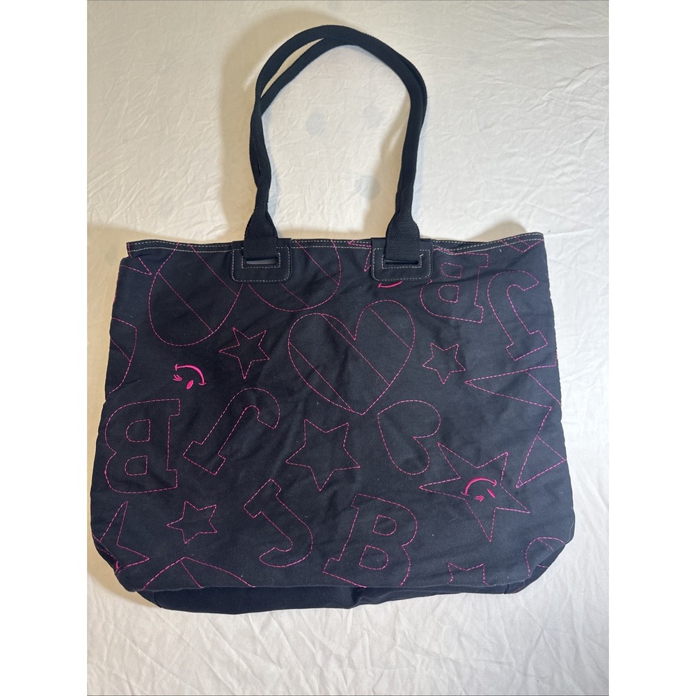 Joe Boxer Y2K Tote Bag Hearts Stars Wink Smile Black With Pink Stitching Large